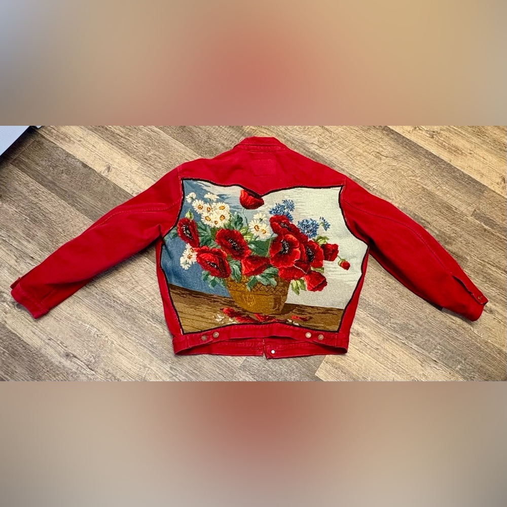 Red Jacket with Floral Tapestry Back Upcycled jacket - Picture 3 of 4